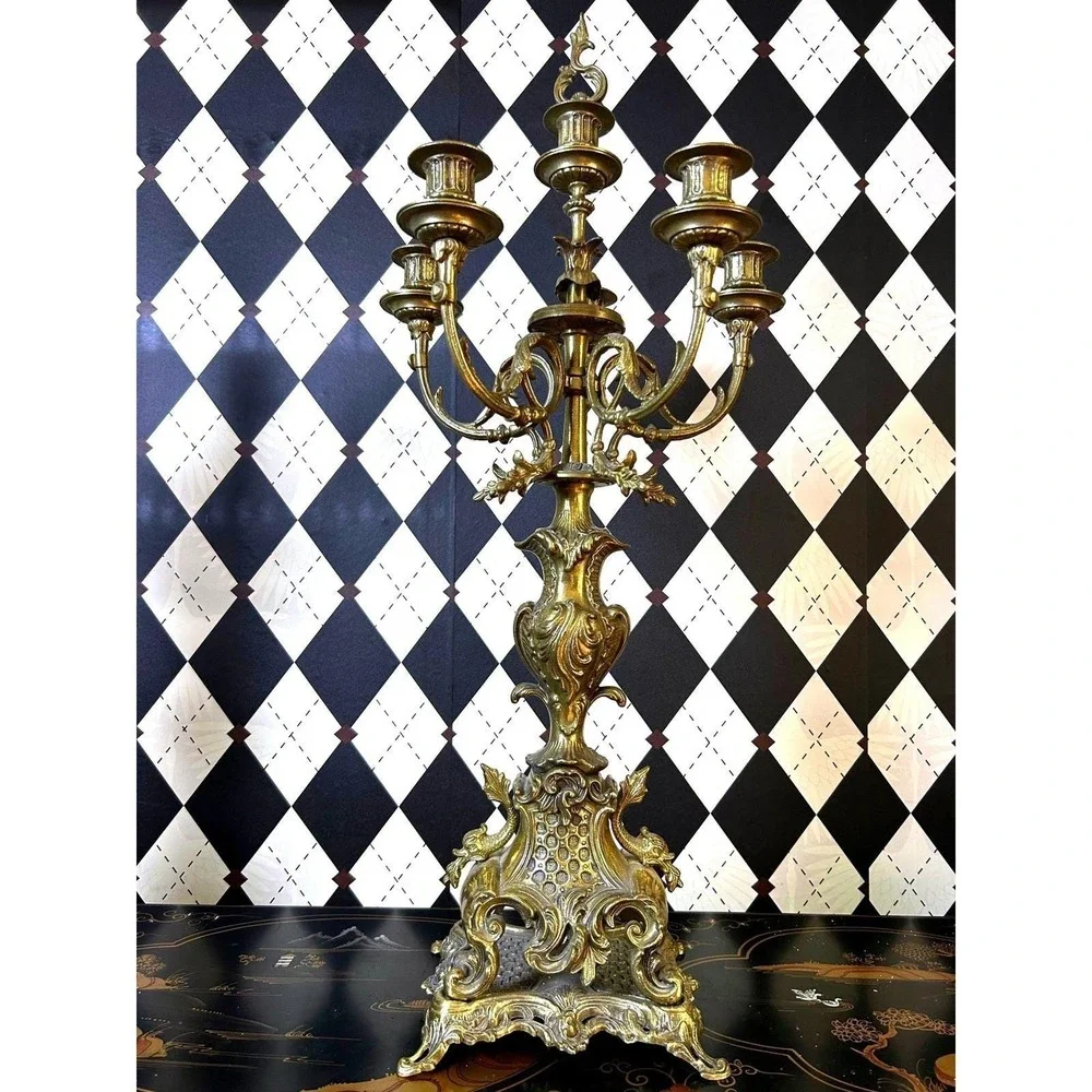 Grand-sized‎ Brass Rococo Candelabra Pair 28in Baroque 6 Arm Candle Holders